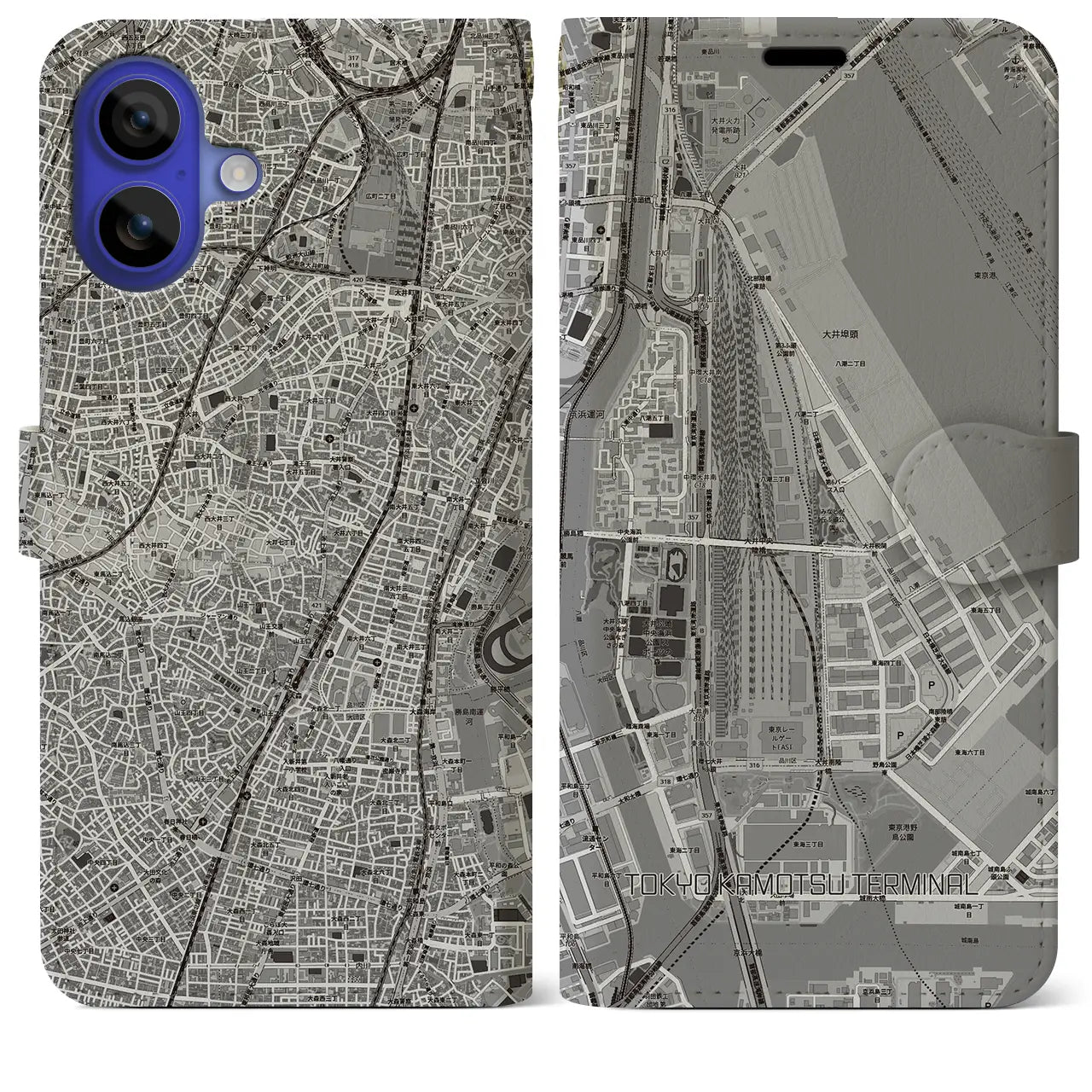 【東京貨物ターミナル(東京都)】地図柄iPhoneケース(手帳タイプ)モノトーン・iPhone 16 Pro Max 用