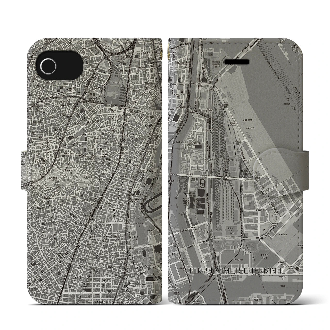 【東京貨物ターミナル(東京都)】地図柄iPhoneケース(手帳タイプ)モノトーン・iPhone SE(第3 / 第2世代) / 8 / 7 / 6s / 6 用