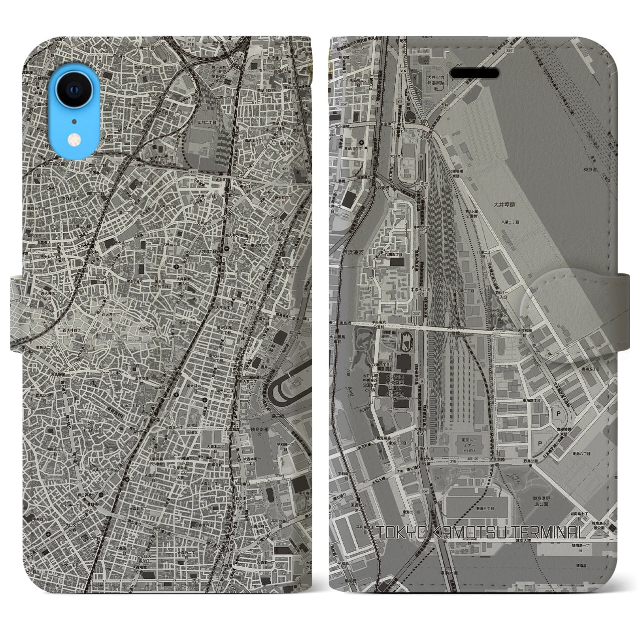 【東京貨物ターミナル(東京都)】地図柄iPhoneケース(手帳タイプ)モノトーン・iPhone XR 用