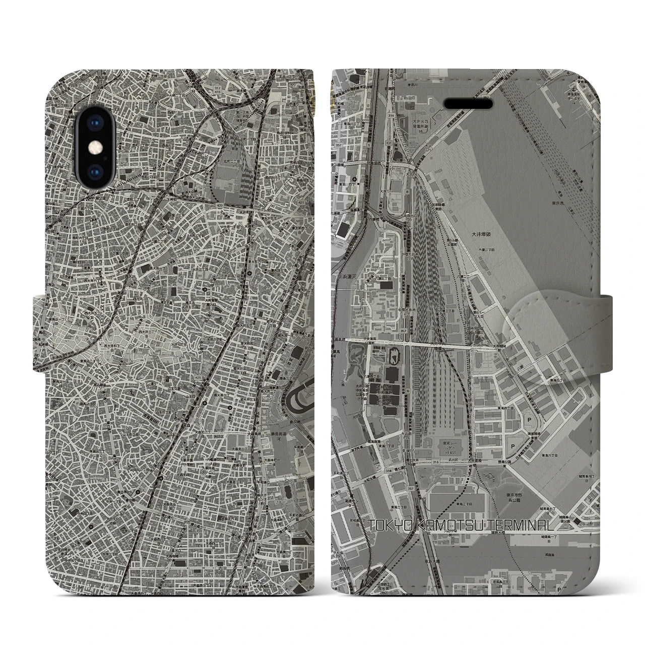 【東京貨物ターミナル(東京都)】地図柄iPhoneケース(手帳タイプ)モノトーン・iPhone XS / X 用