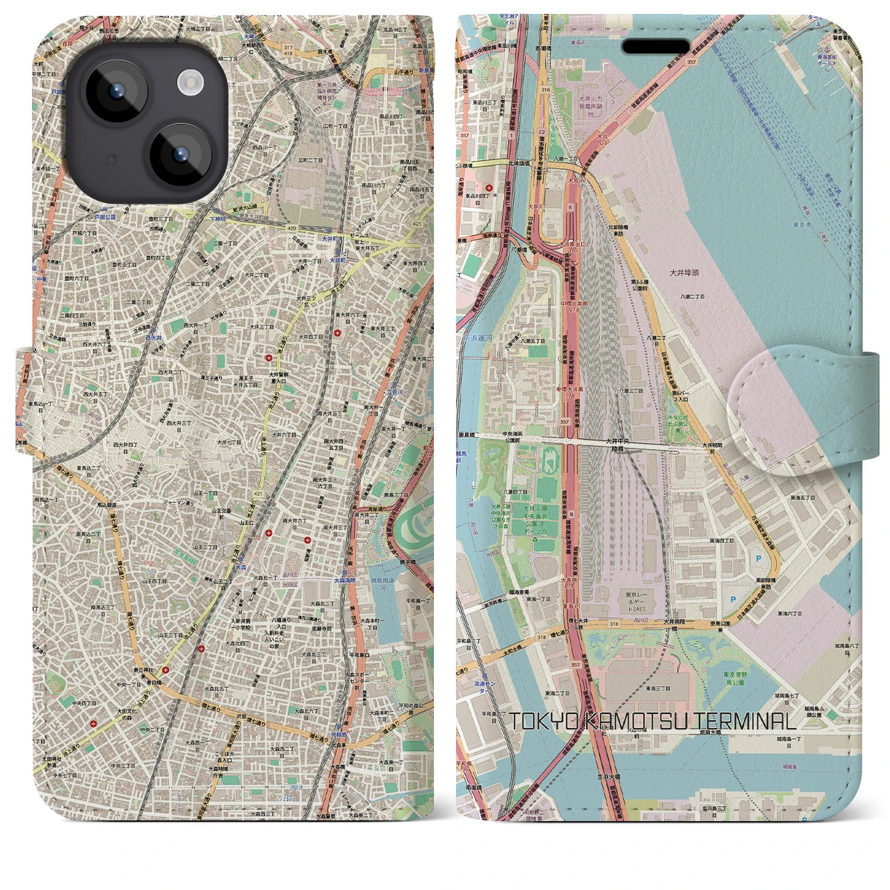 【東京貨物ターミナル(東京都)】地図柄iPhoneケース(手帳タイプ)ナチュラル・iPhone 14 Plus 用
