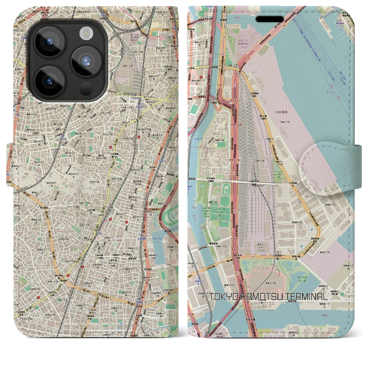 【東京貨物ターミナル(東京都)】地図柄iPhoneケース(手帳タイプ)ナチュラル・iPhone 15 Pro Max 用