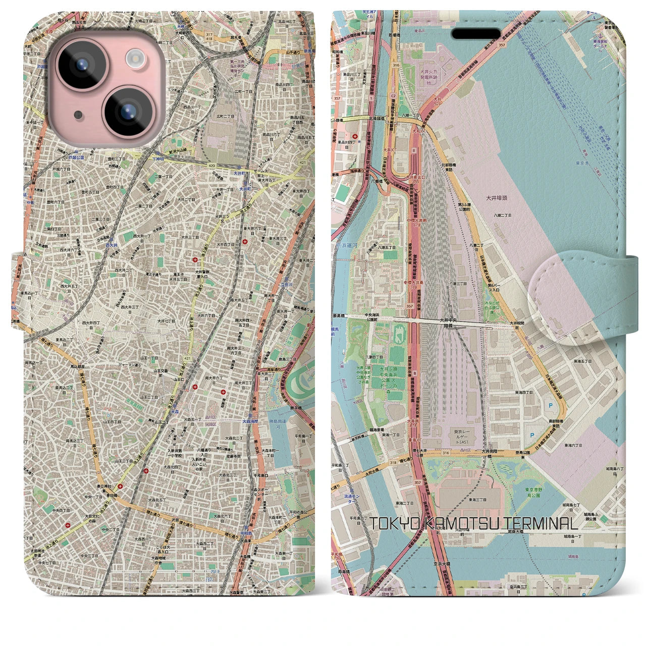 【東京貨物ターミナル(東京都)】地図柄iPhoneケース(手帳タイプ)ナチュラル・iPhone 15 Plus 用