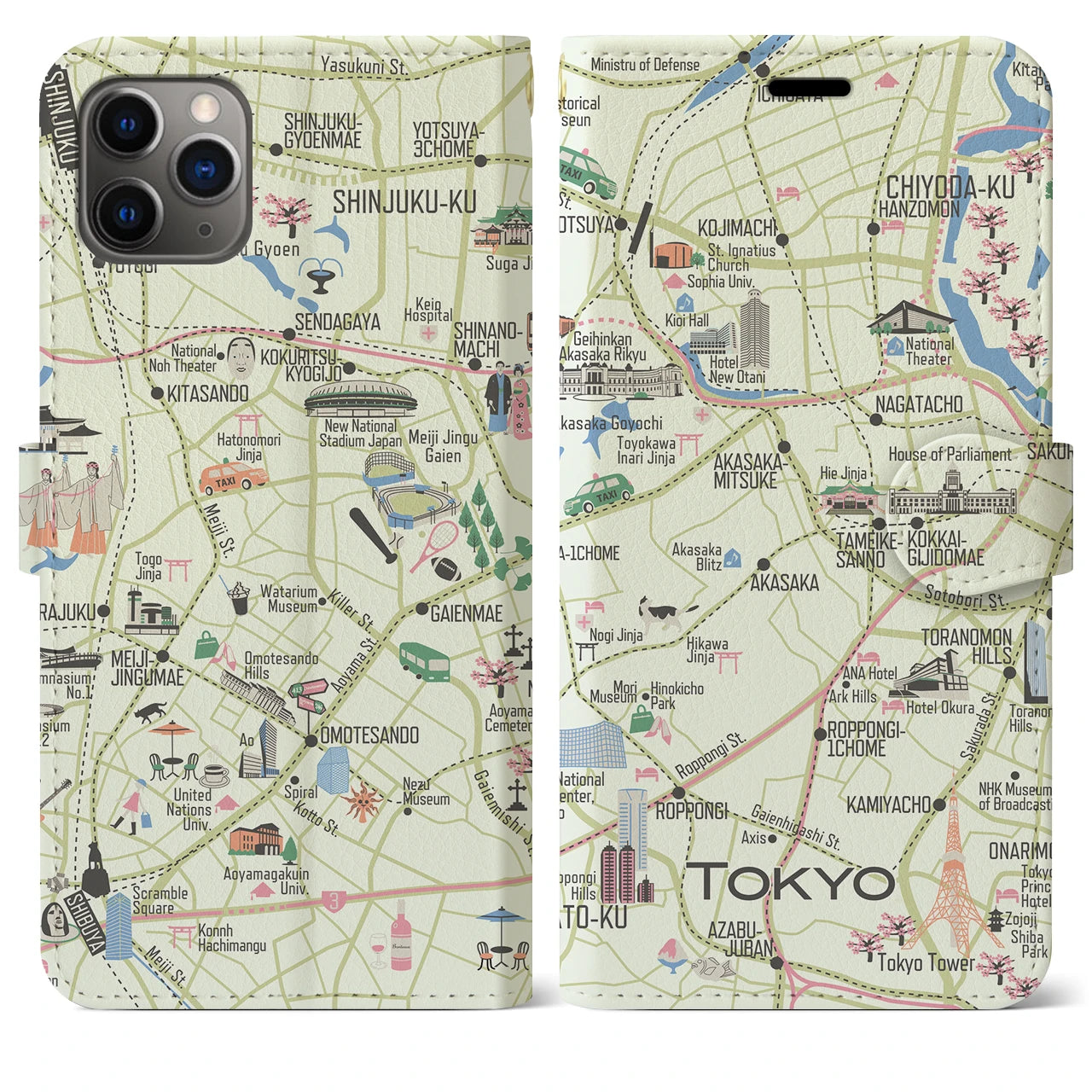 【東京都心西部(イラスト)】イラストマップiPhoneケース(手帳タイプ)ブライト・iPhone 11 Pro Max 用