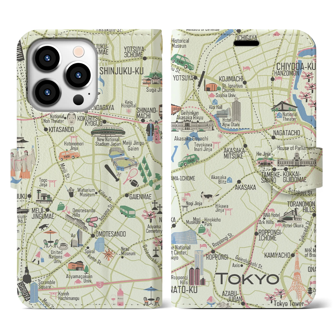 【東京都心西部(イラスト)】イラストマップiPhoneケース(手帳タイプ)ブライト・iPhone 13 Pro 用