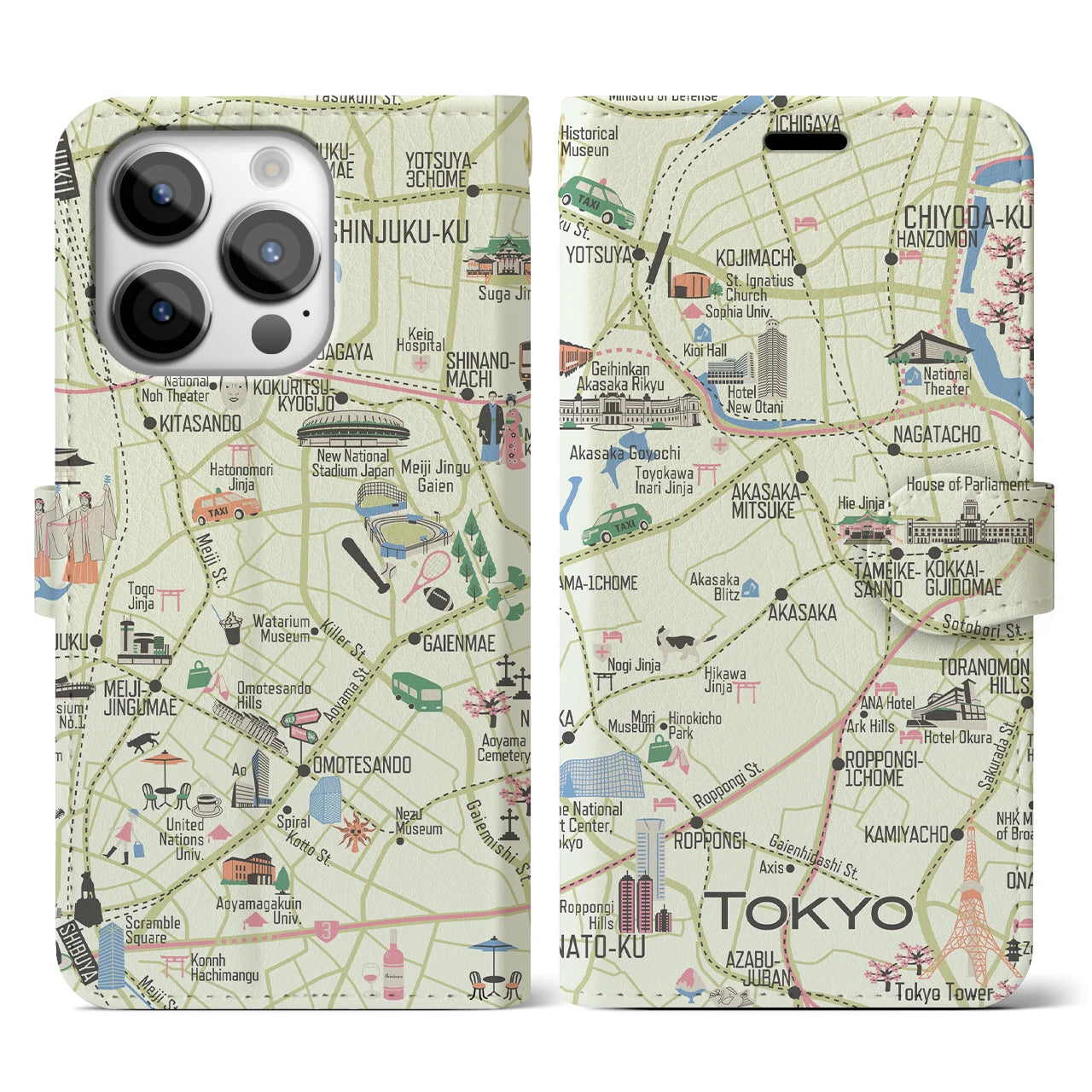 【東京都心西部(イラスト)】イラストマップiPhoneケース(手帳タイプ)ブライト・iPhone 14 Pro 用