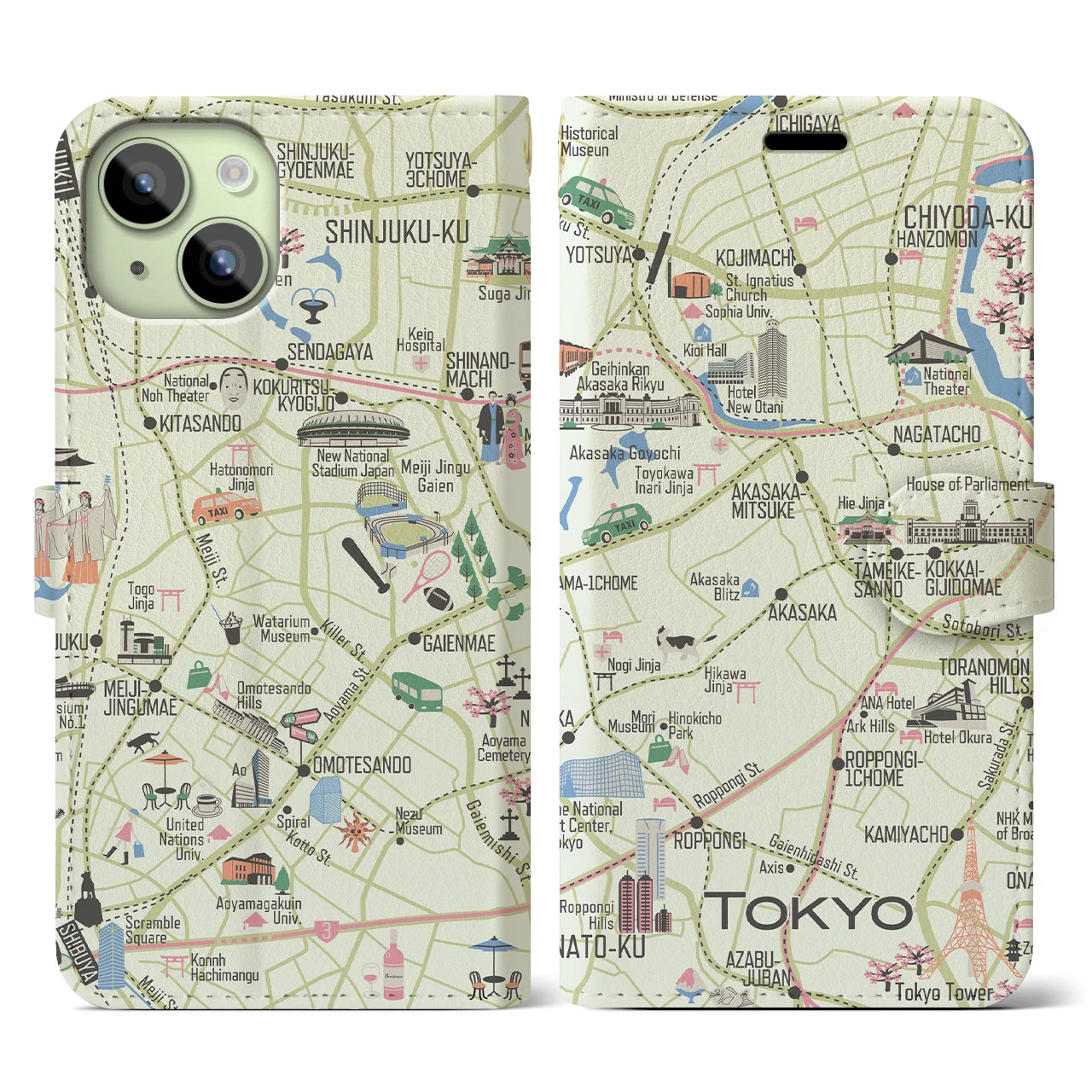 【東京都心西部(イラスト)】イラストマップiPhoneケース(手帳タイプ)ブライト・iPhone 15 用