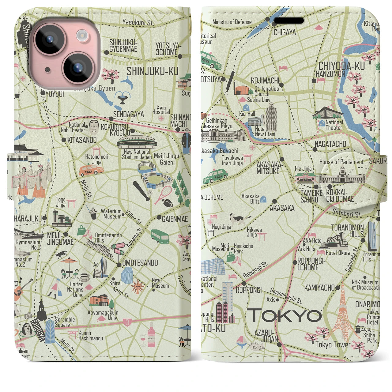 【東京都心西部(イラスト)】イラストマップiPhoneケース(手帳タイプ)ブライト・iPhone 15 Plus 用