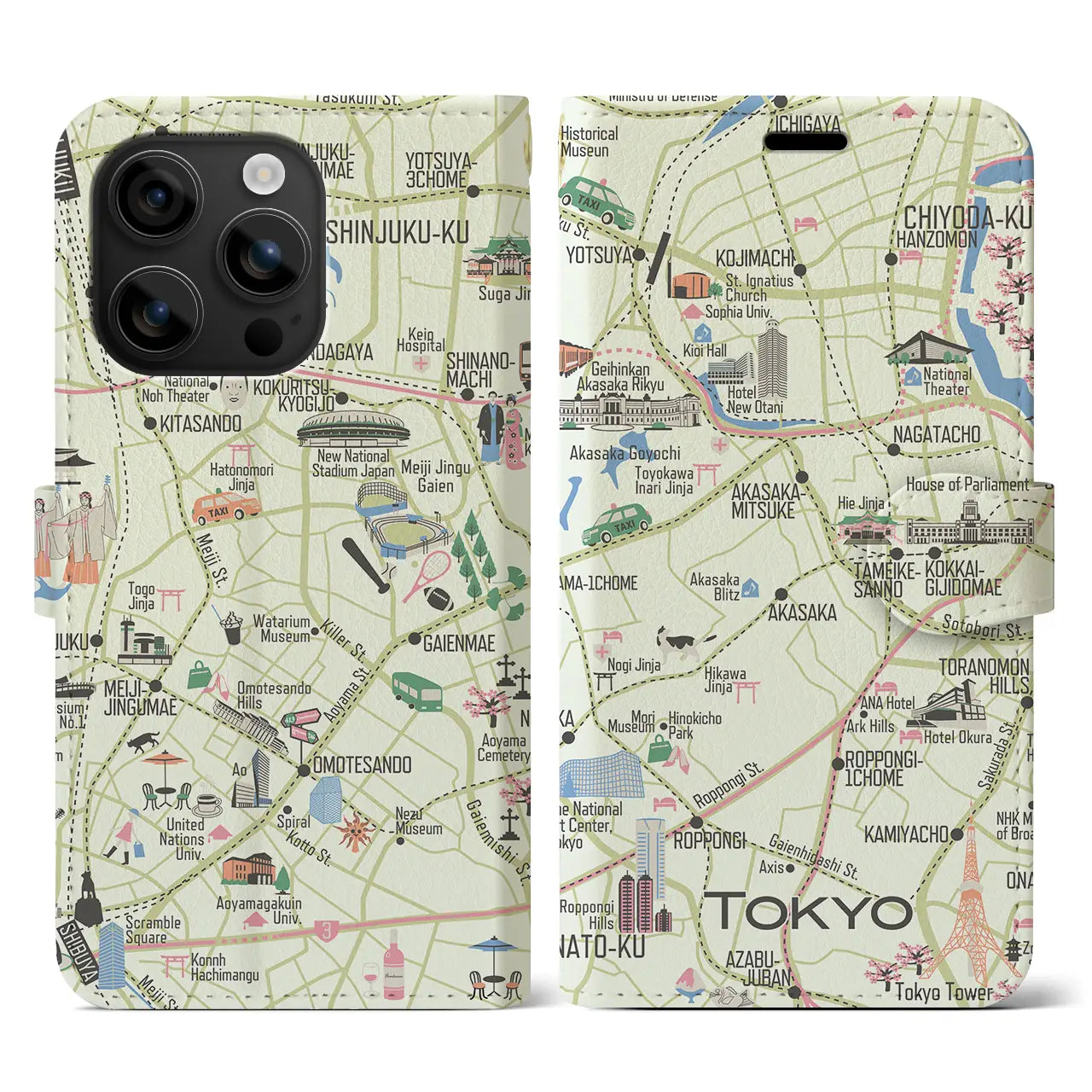 【東京都心西部(イラスト)】イラストマップiPhoneケース(手帳タイプ)ブライト・iPhone 16 用