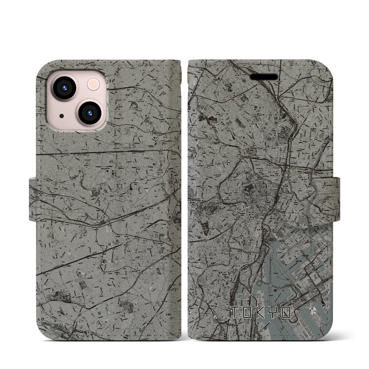【東京2(東京都)】地図柄iPhoneケース(手帳タイプ)モノトーン・iPhone 13 mini 用