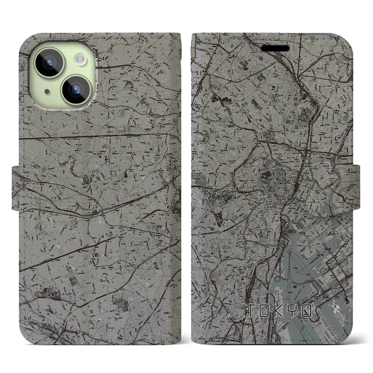 【東京2(東京都)】地図柄iPhoneケース(手帳タイプ)モノトーン・iPhone 15 用
