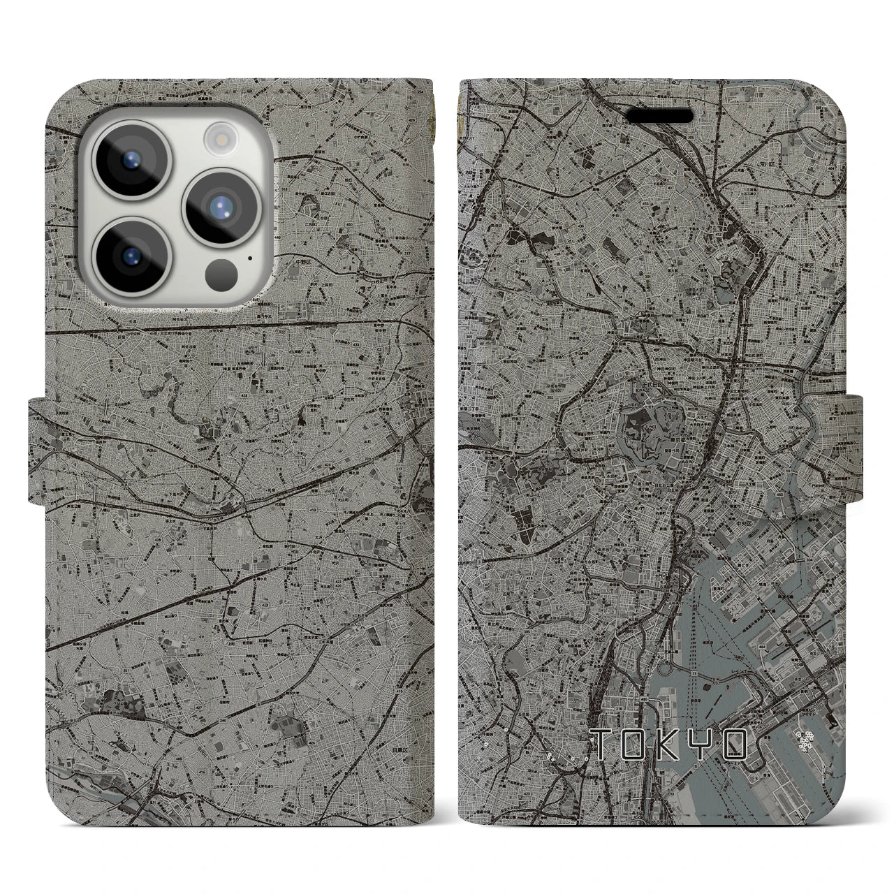 【東京2(東京都)】地図柄iPhoneケース(手帳タイプ)モノトーン・iPhone 15 Pro 用