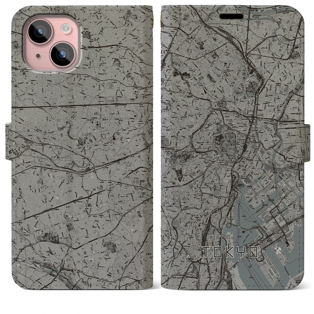 【東京2(東京都)】地図柄iPhoneケース(手帳タイプ)モノトーン・iPhone 15 Plus 用