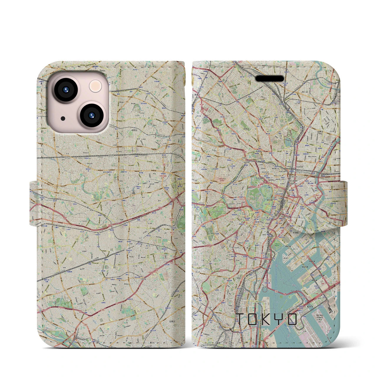 【東京2(東京都)】地図柄iPhoneケース(手帳タイプ)ナチュラル・iPhone 13 mini 用