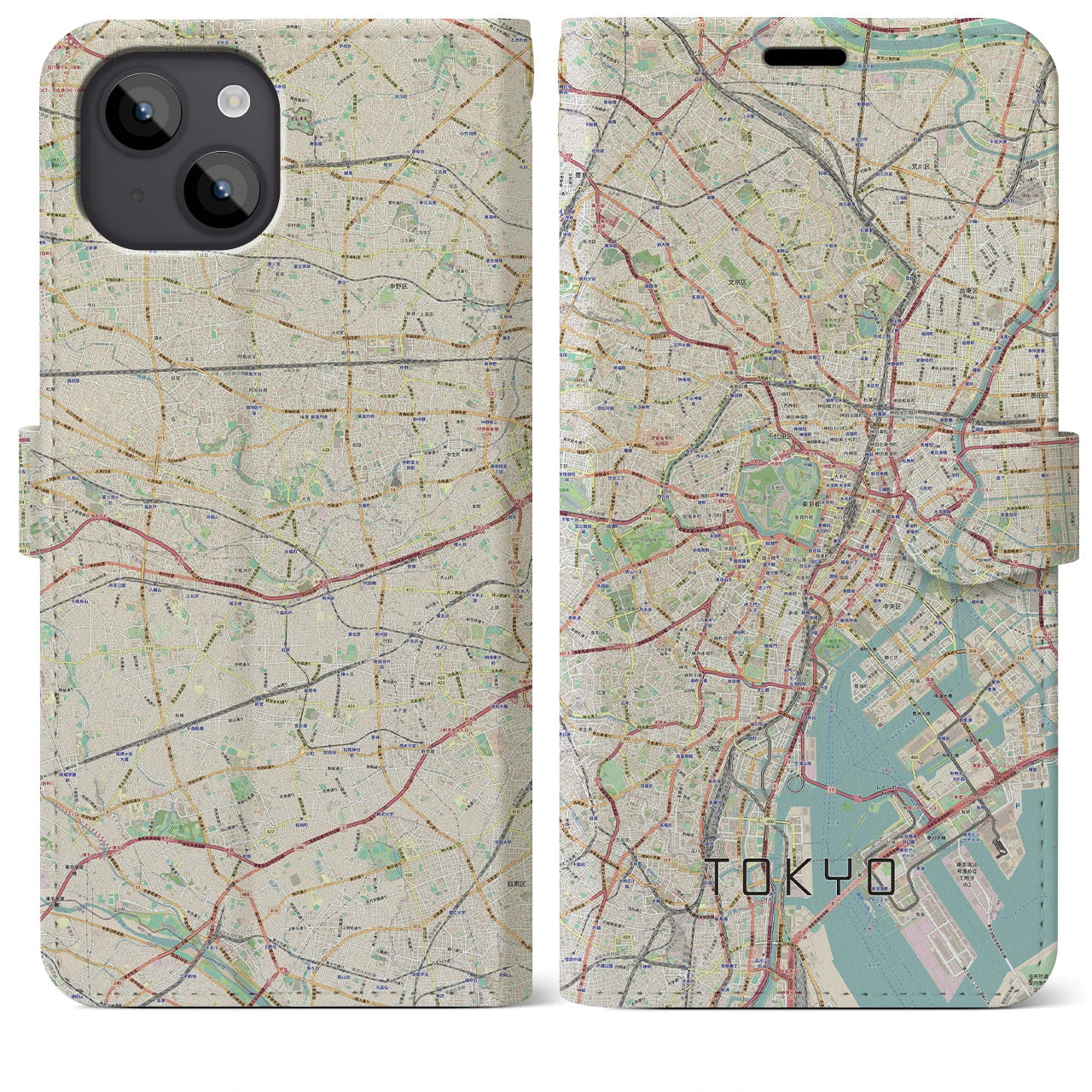 【東京2(東京都)】地図柄iPhoneケース(手帳タイプ)ナチュラル・iPhone 14 Plus 用