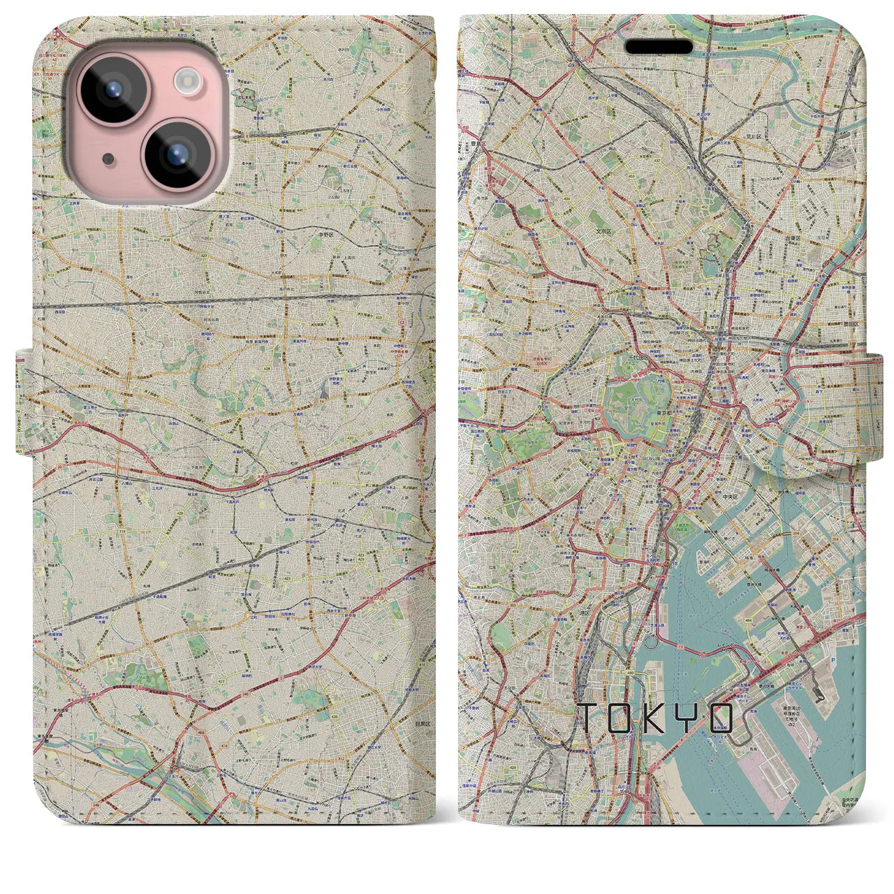 【東京2(東京都)】地図柄iPhoneケース(手帳タイプ)ナチュラル・iPhone 15 Plus 用