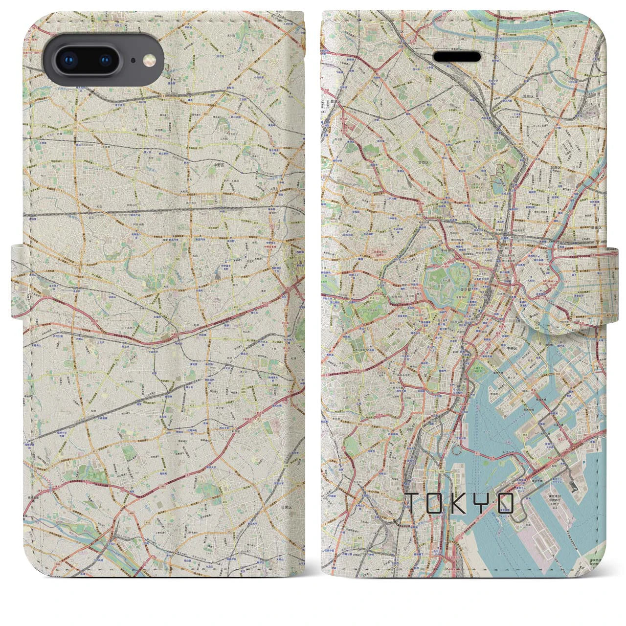 【東京2(東京都)】地図柄iPhoneケース(手帳タイプ)ナチュラル・iPhone 8Plus /7Plus / 6sPlus / 6Plus 用