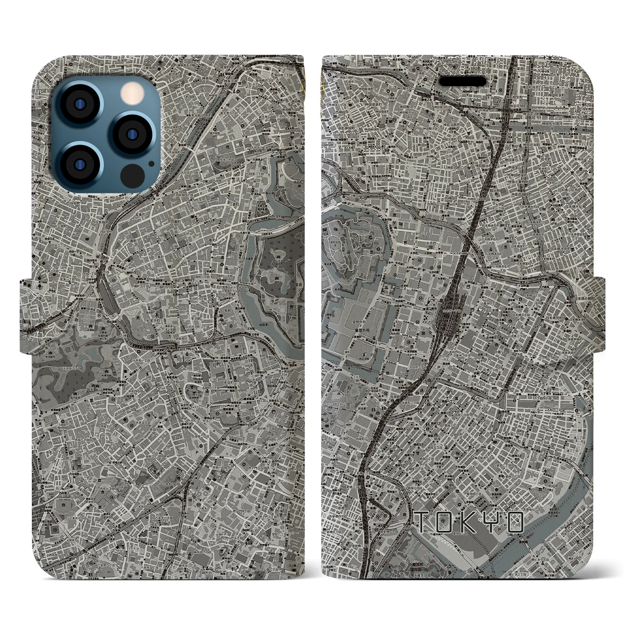 【東京(東京都)】地図柄iPhoneケース(手帳タイプ)モノトーン・iPhone 12 / 12 Pro 用