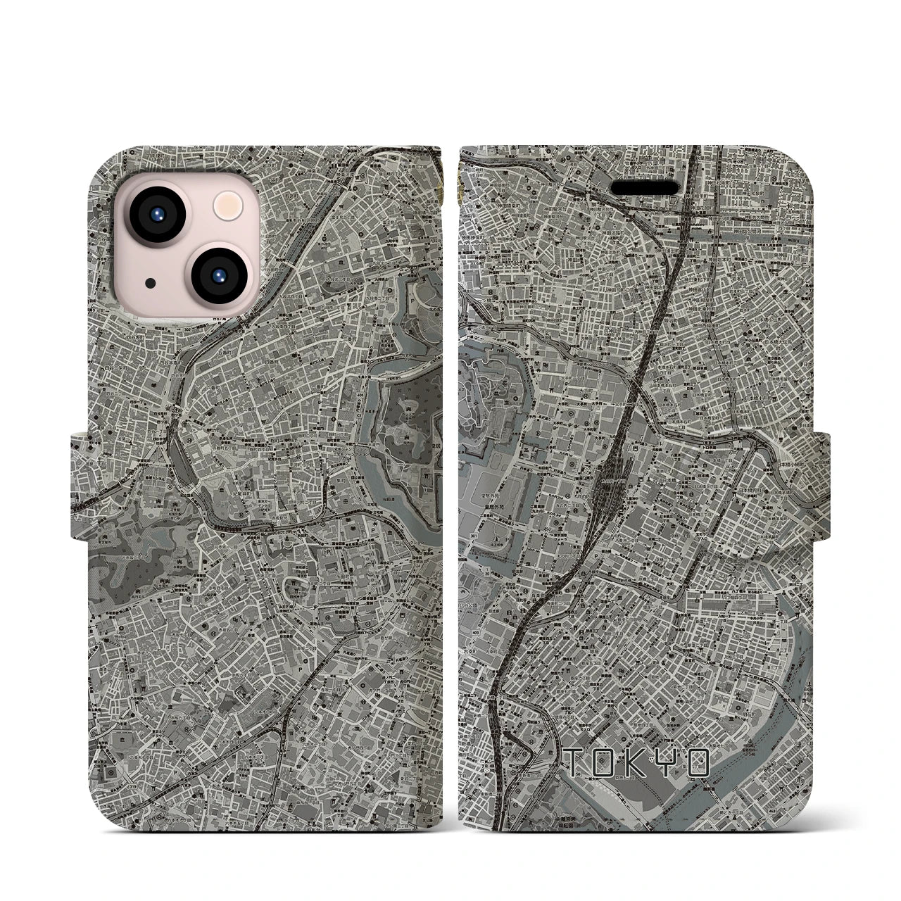 【東京(東京都)】地図柄iPhoneケース(手帳タイプ)モノトーン・iPhone 13 mini 用