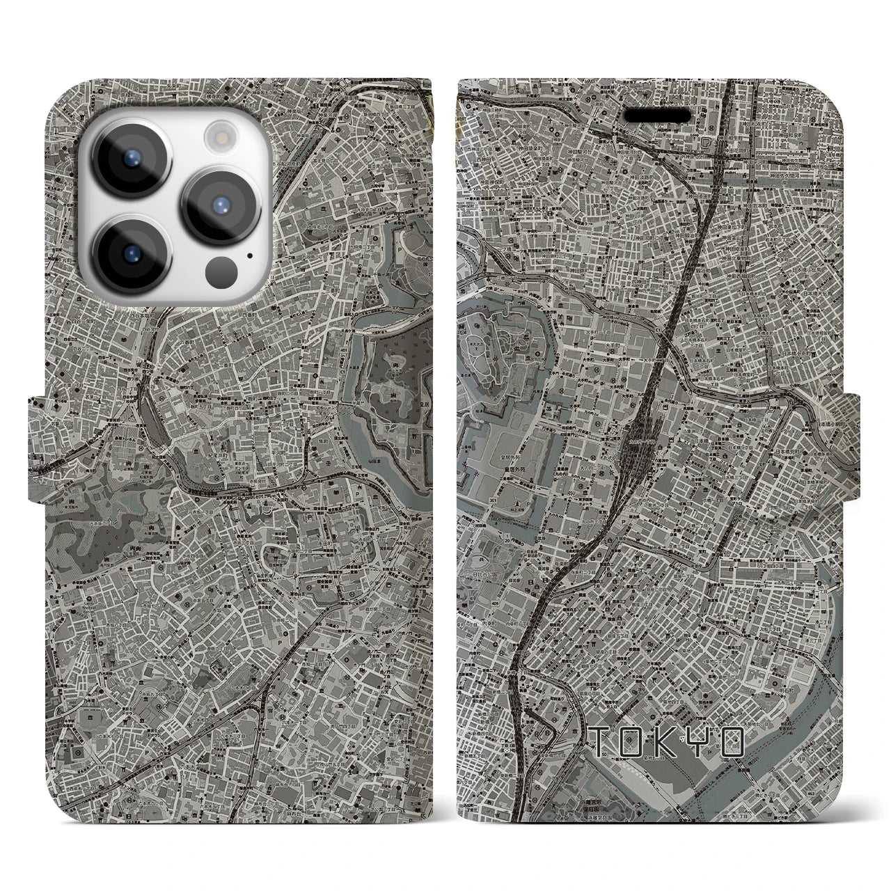 【東京(東京都)】地図柄iPhoneケース(手帳タイプ)モノトーン・iPhone 14 Pro 用