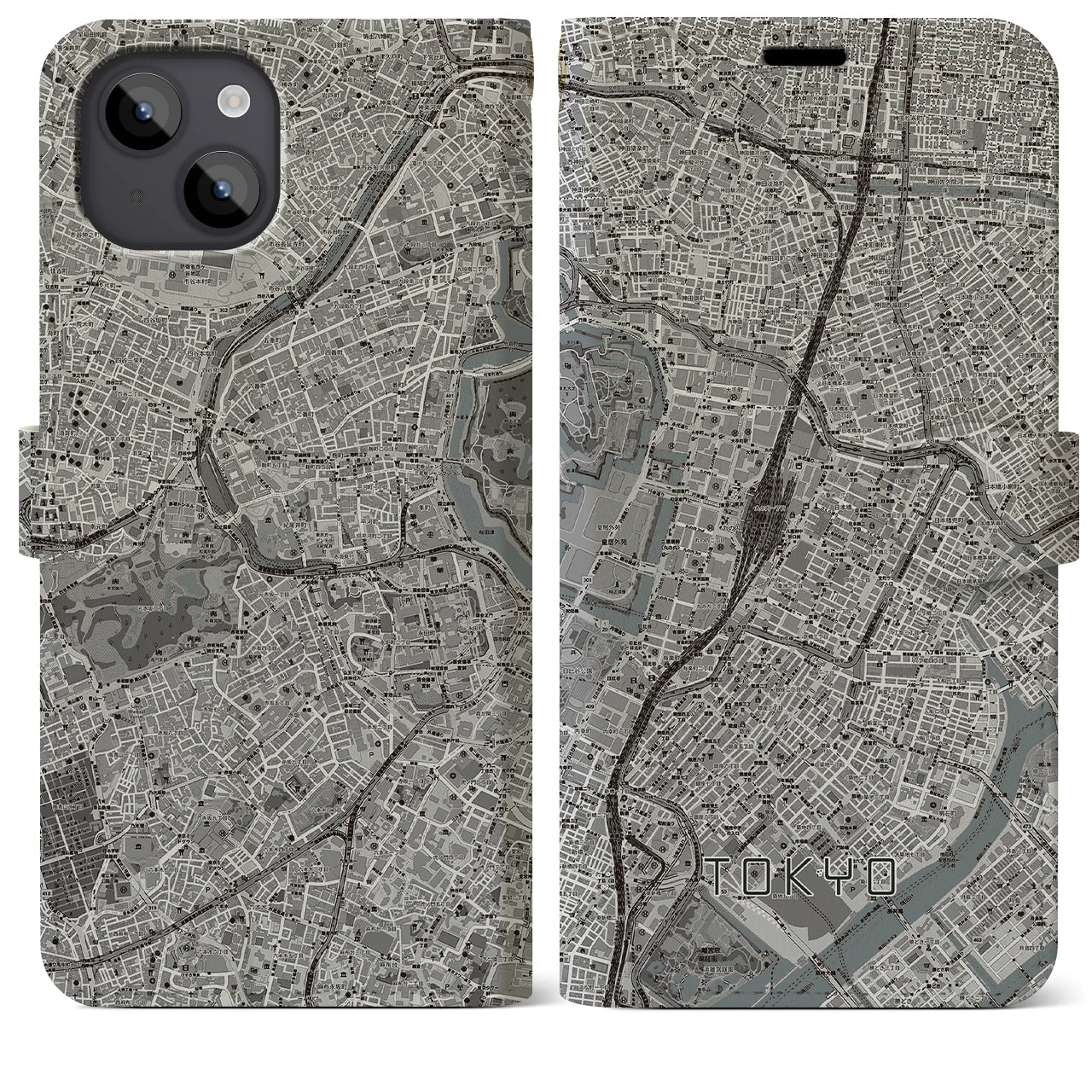 【東京(東京都)】地図柄iPhoneケース(手帳タイプ)モノトーン・iPhone 14 Plus 用