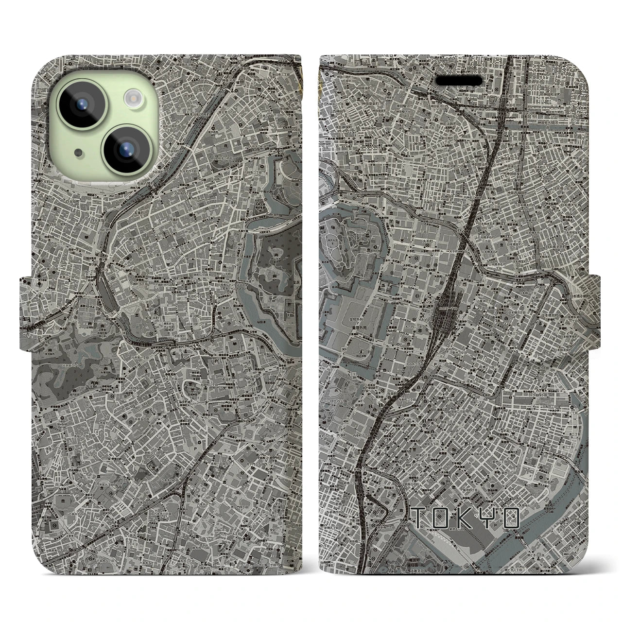 【東京(東京都)】地図柄iPhoneケース(手帳タイプ)モノトーン・iPhone 15 用