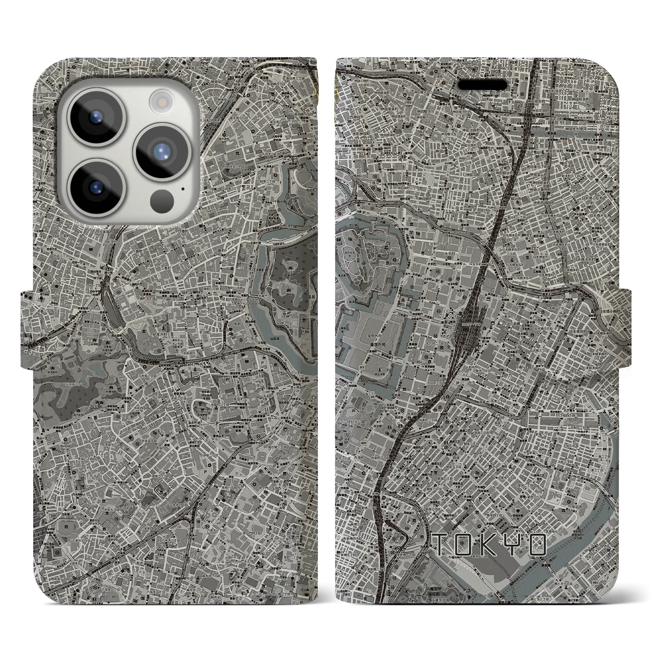 【東京(東京都)】地図柄iPhoneケース(手帳タイプ)モノトーン・iPhone 15 Pro 用