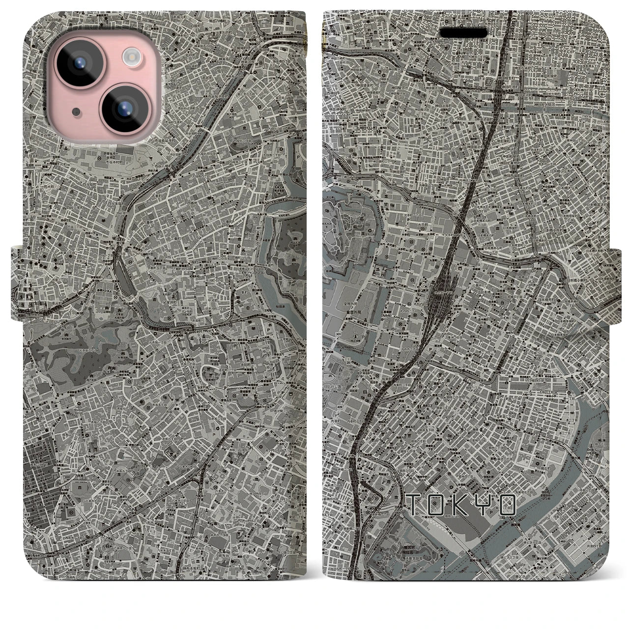 【東京(東京都)】地図柄iPhoneケース(手帳タイプ)モノトーン・iPhone 15 Plus 用