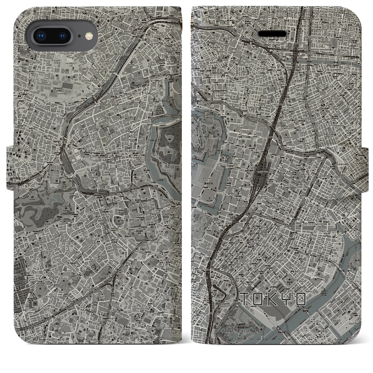 【東京(東京都)】地図柄iPhoneケース(手帳タイプ)モノトーン・iPhone 8Plus /7Plus / 6sPlus / 6Plus 用