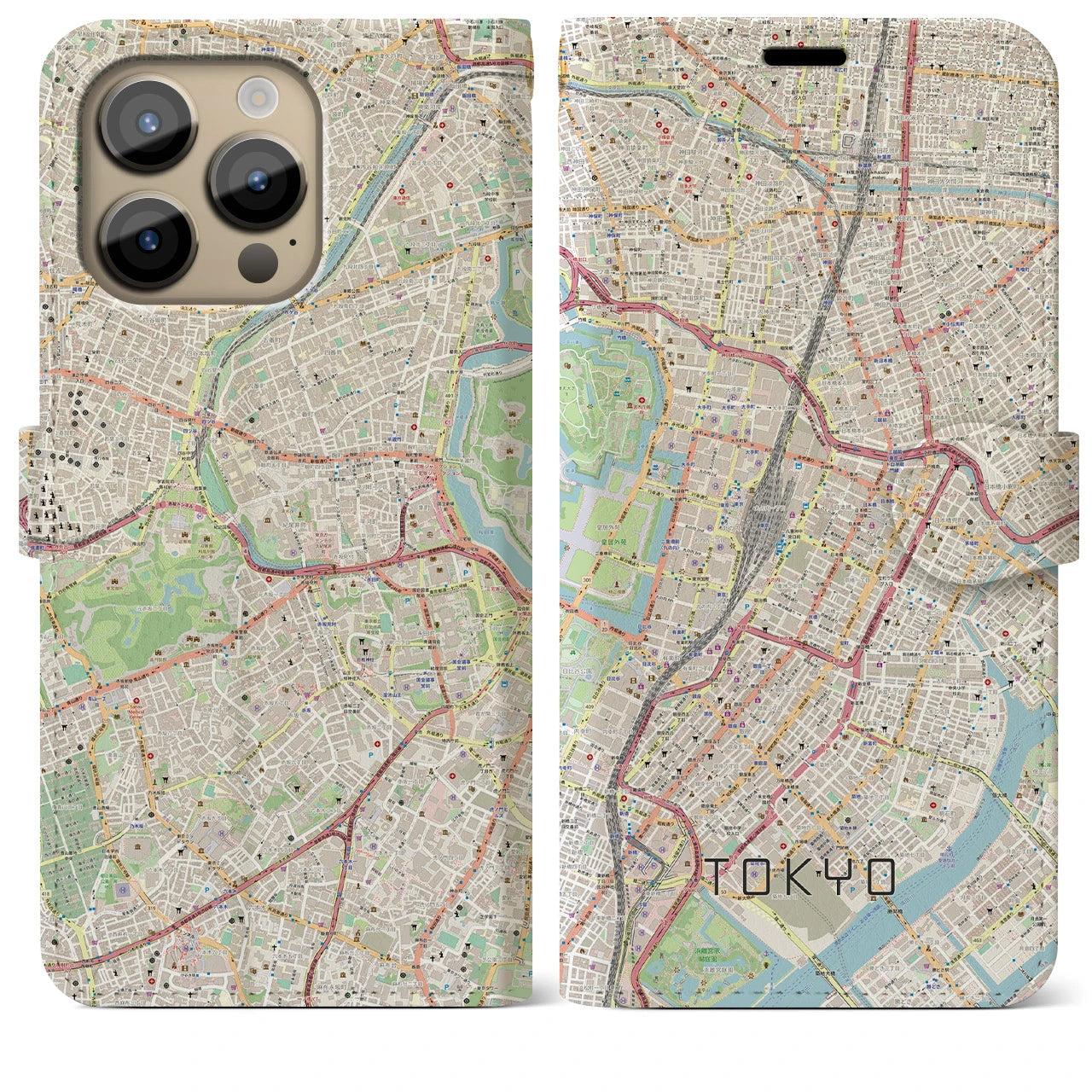 【東京(東京都)】地図柄iPhoneケース(手帳タイプ)ナチュラル・iPhone 14 Pro Max 用