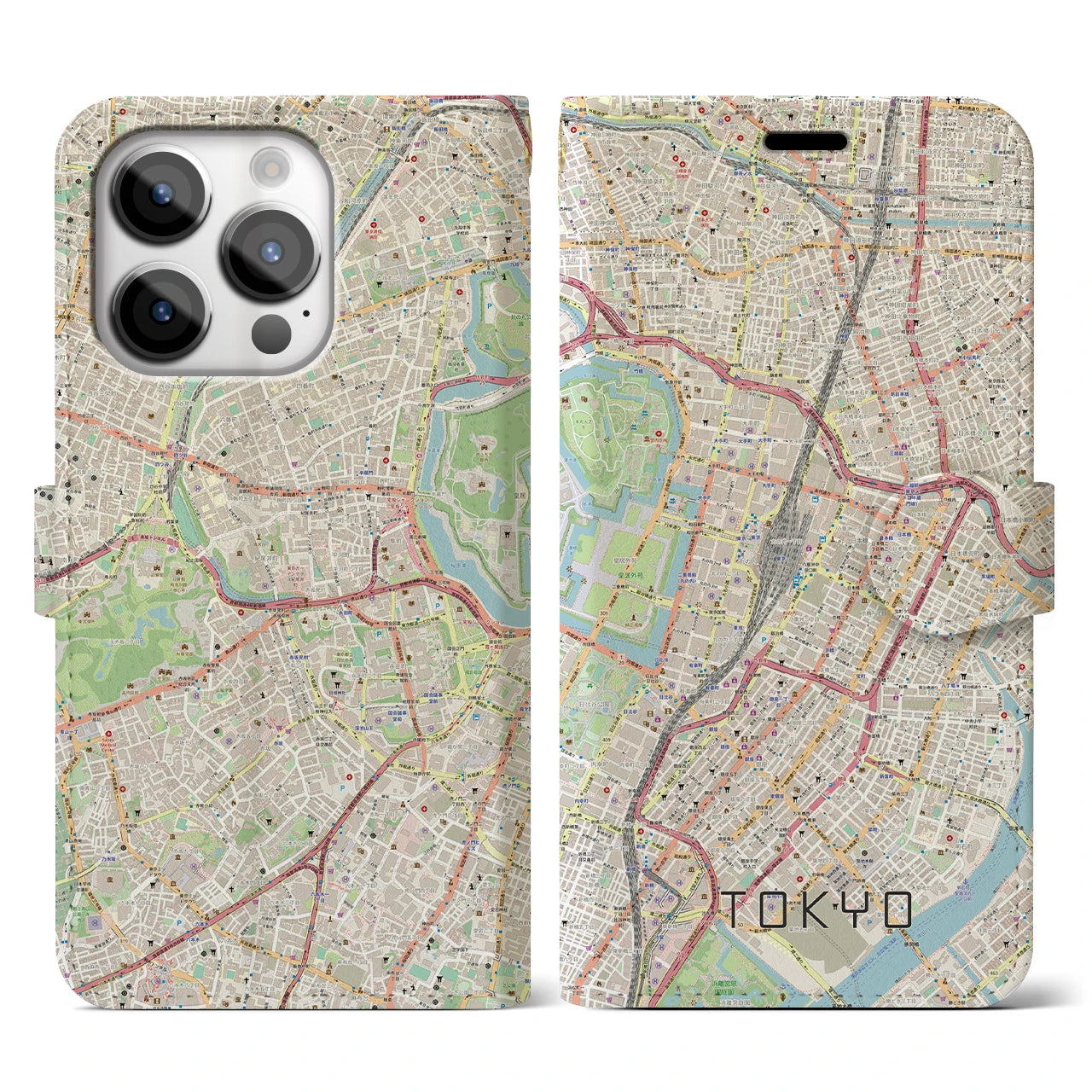 【東京(東京都)】地図柄iPhoneケース(手帳タイプ)ナチュラル・iPhone 14 Pro 用