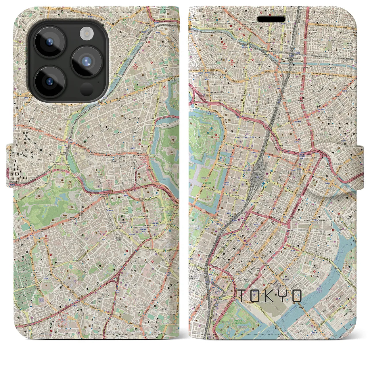【東京(東京都)】地図柄iPhoneケース(手帳タイプ)ナチュラル・iPhone 15 Pro Max 用
