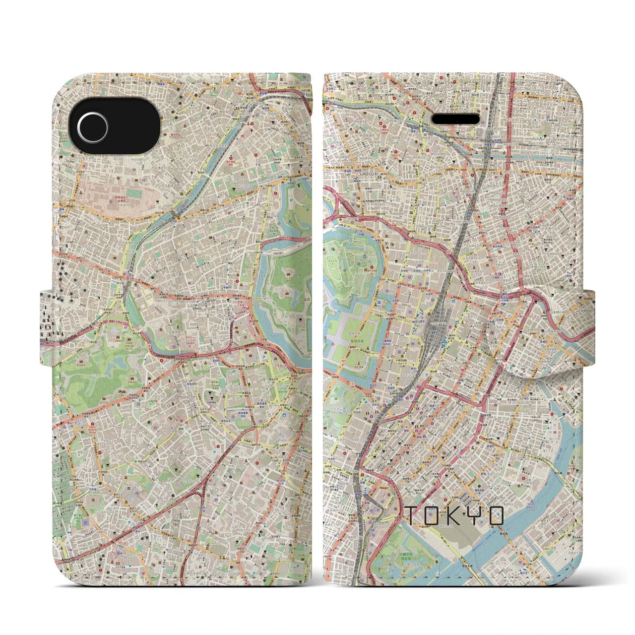 【東京(東京都)】地図柄iPhoneケース(手帳タイプ)ナチュラル・iPhone SE(第3 / 第2世代) / 8 / 7 / 6s / 6 用