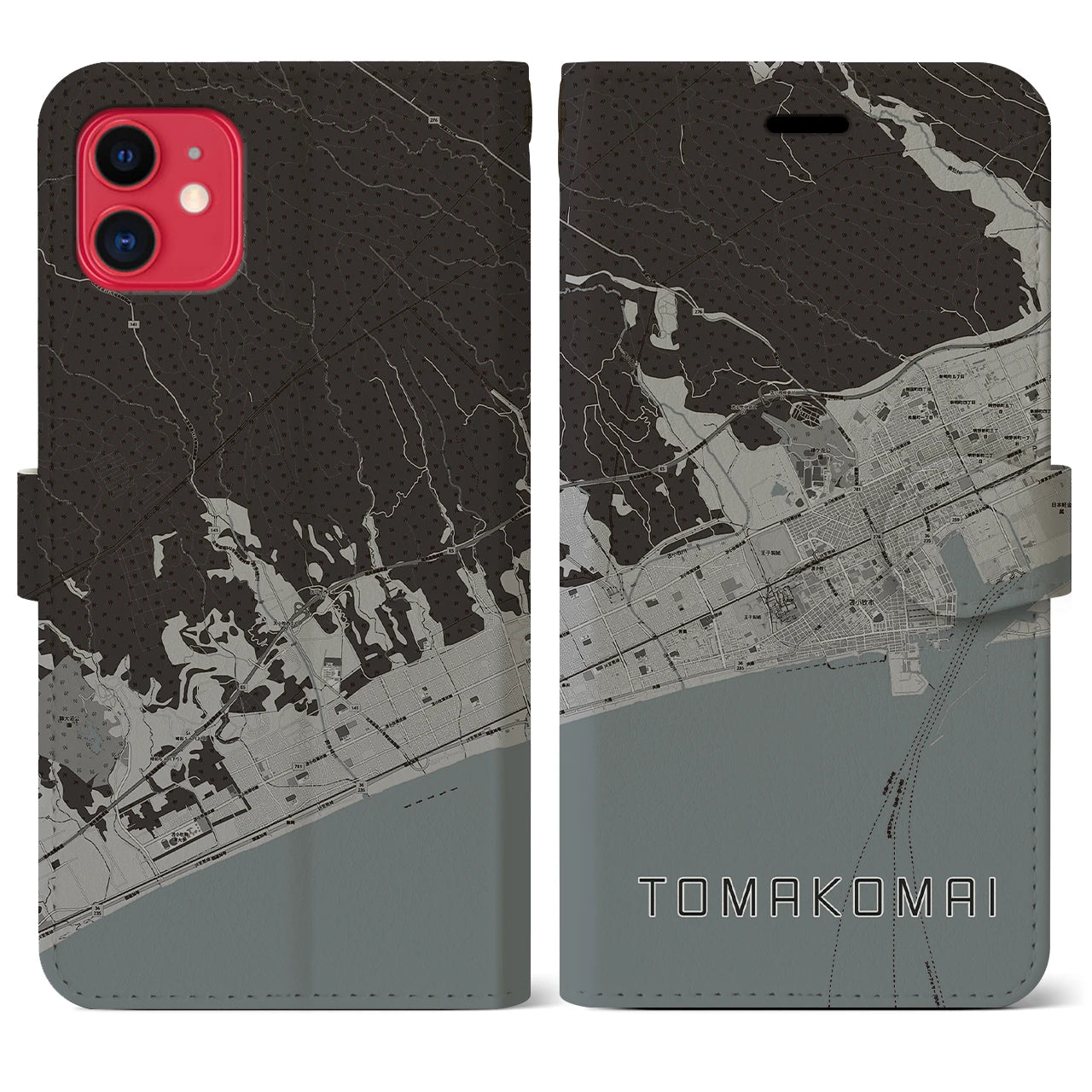 【苫小牧(北海道)】地図柄iPhoneケース(手帳タイプ)モノトーン・iPhone 11 用