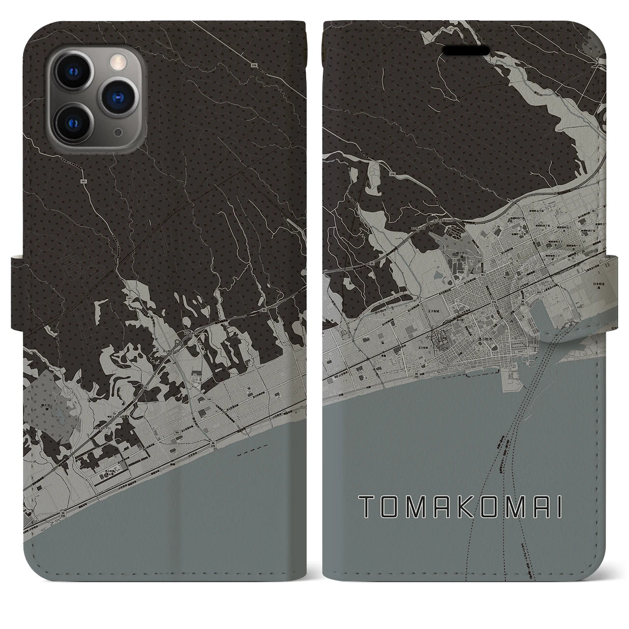 【苫小牧(北海道)】地図柄iPhoneケース(手帳タイプ)モノトーン・iPhone 11 Pro Max 用