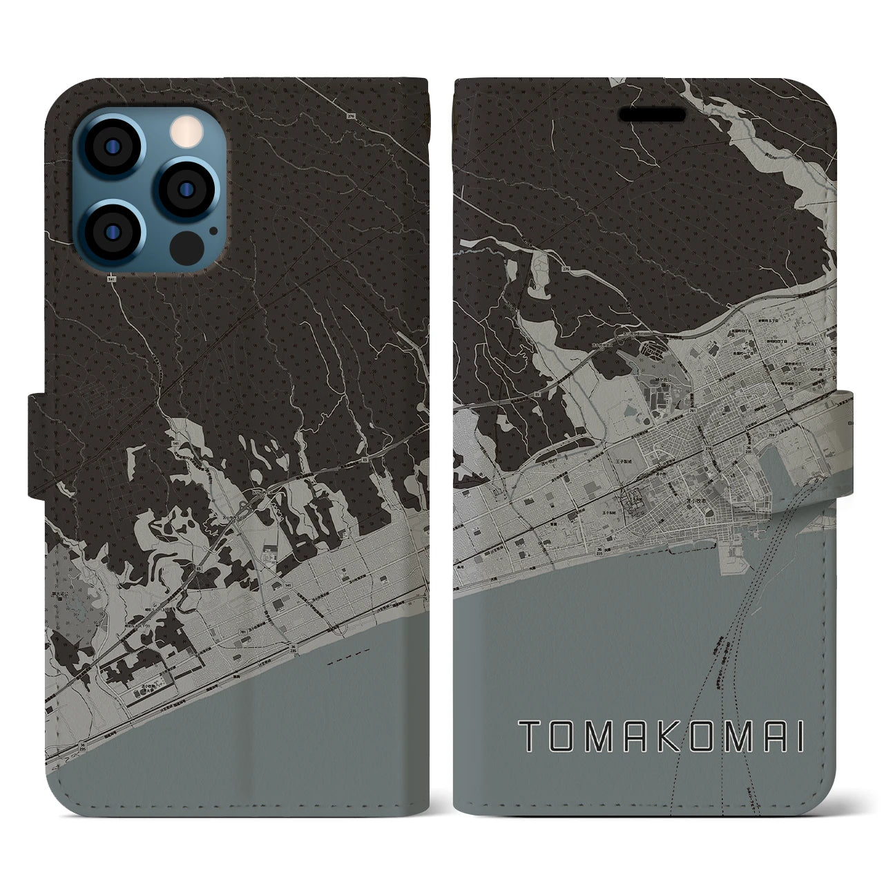 【苫小牧(北海道)】地図柄iPhoneケース(手帳タイプ)モノトーン・iPhone 12 / 12 Pro 用