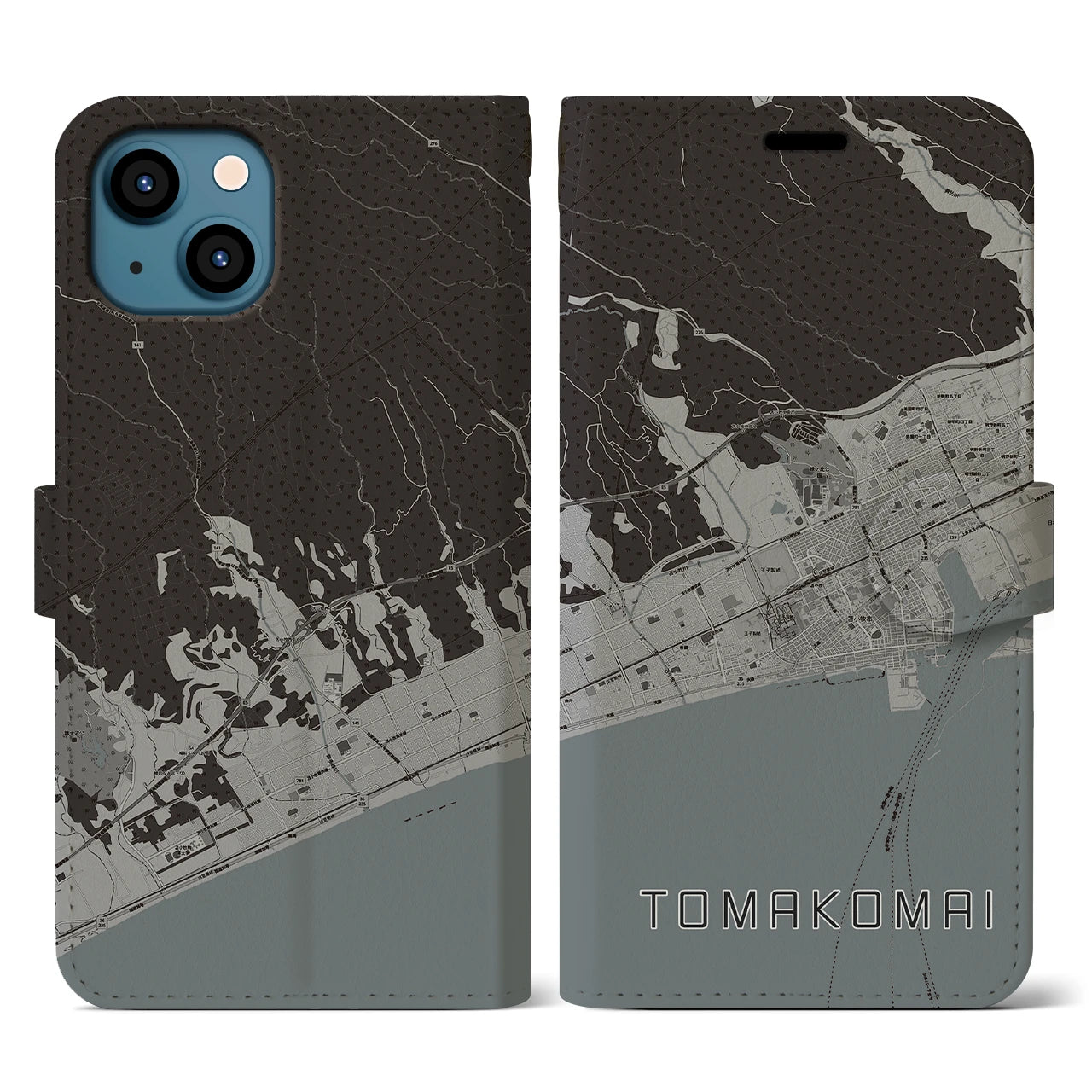 【苫小牧(北海道)】地図柄iPhoneケース(手帳タイプ)モノトーン・iPhone 13 用