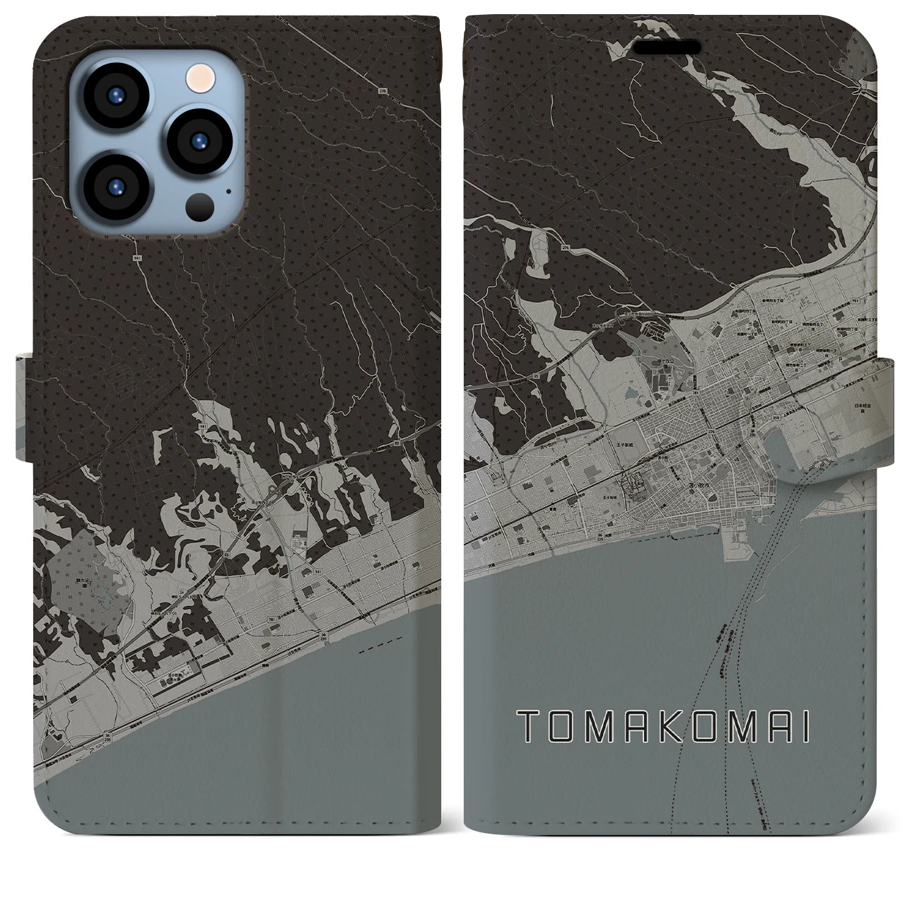 【苫小牧(北海道)】地図柄iPhoneケース(手帳タイプ)モノトーン・iPhone 13 Pro Max 用