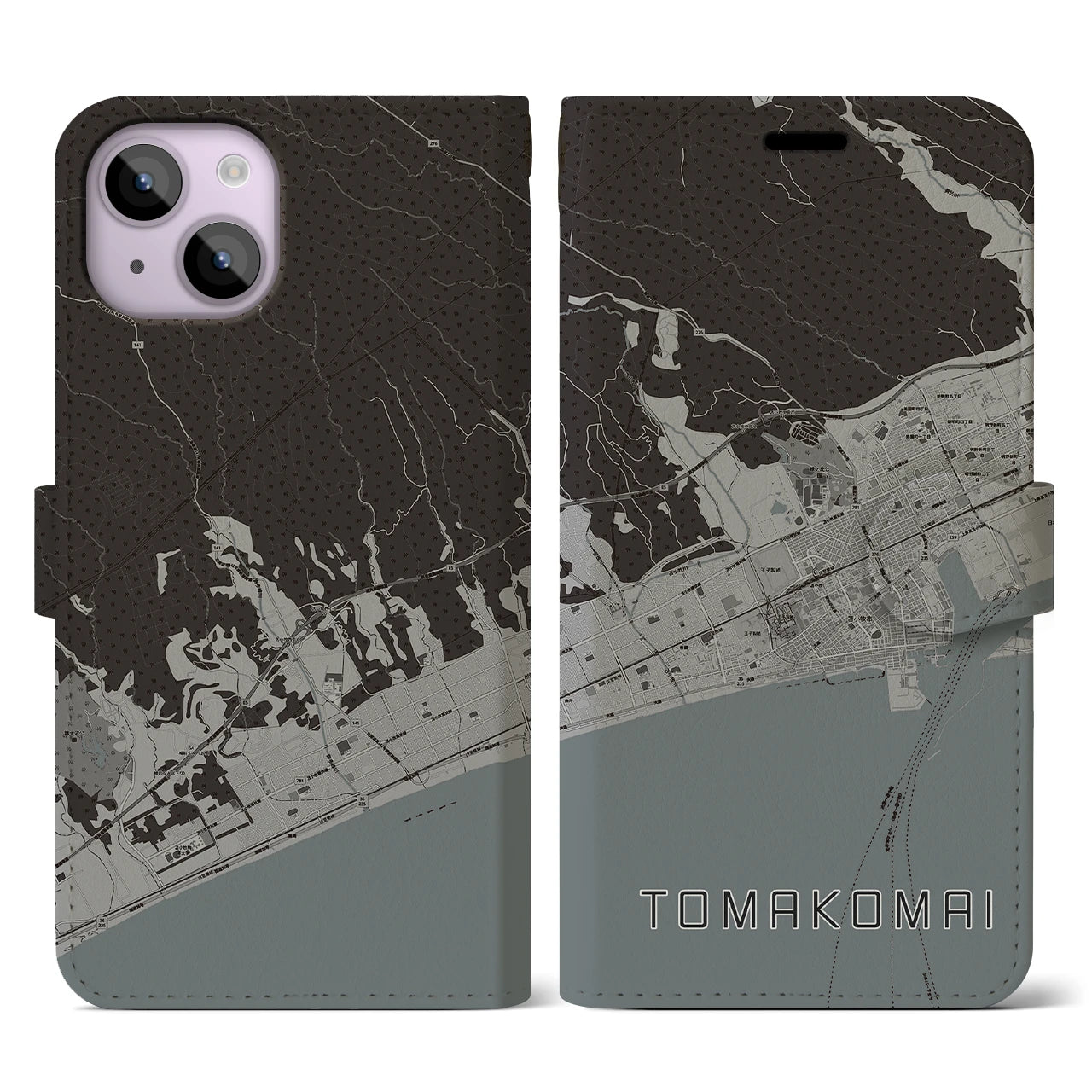 【苫小牧(北海道)】地図柄iPhoneケース(手帳タイプ)モノトーン・iPhone 14 用