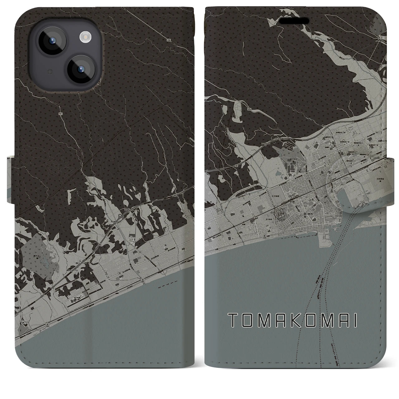 【苫小牧(北海道)】地図柄iPhoneケース(手帳タイプ)モノトーン・iPhone 14 Plus 用