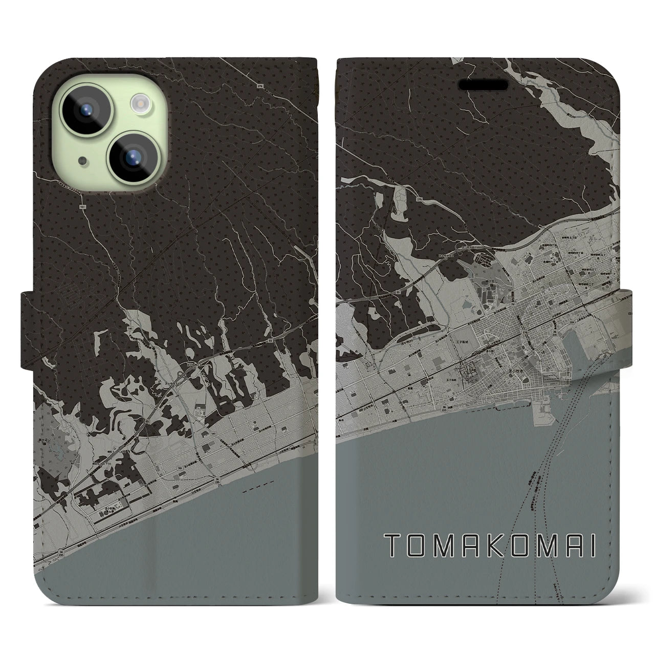 【苫小牧(北海道)】地図柄iPhoneケース(手帳タイプ)モノトーン・iPhone 15 用