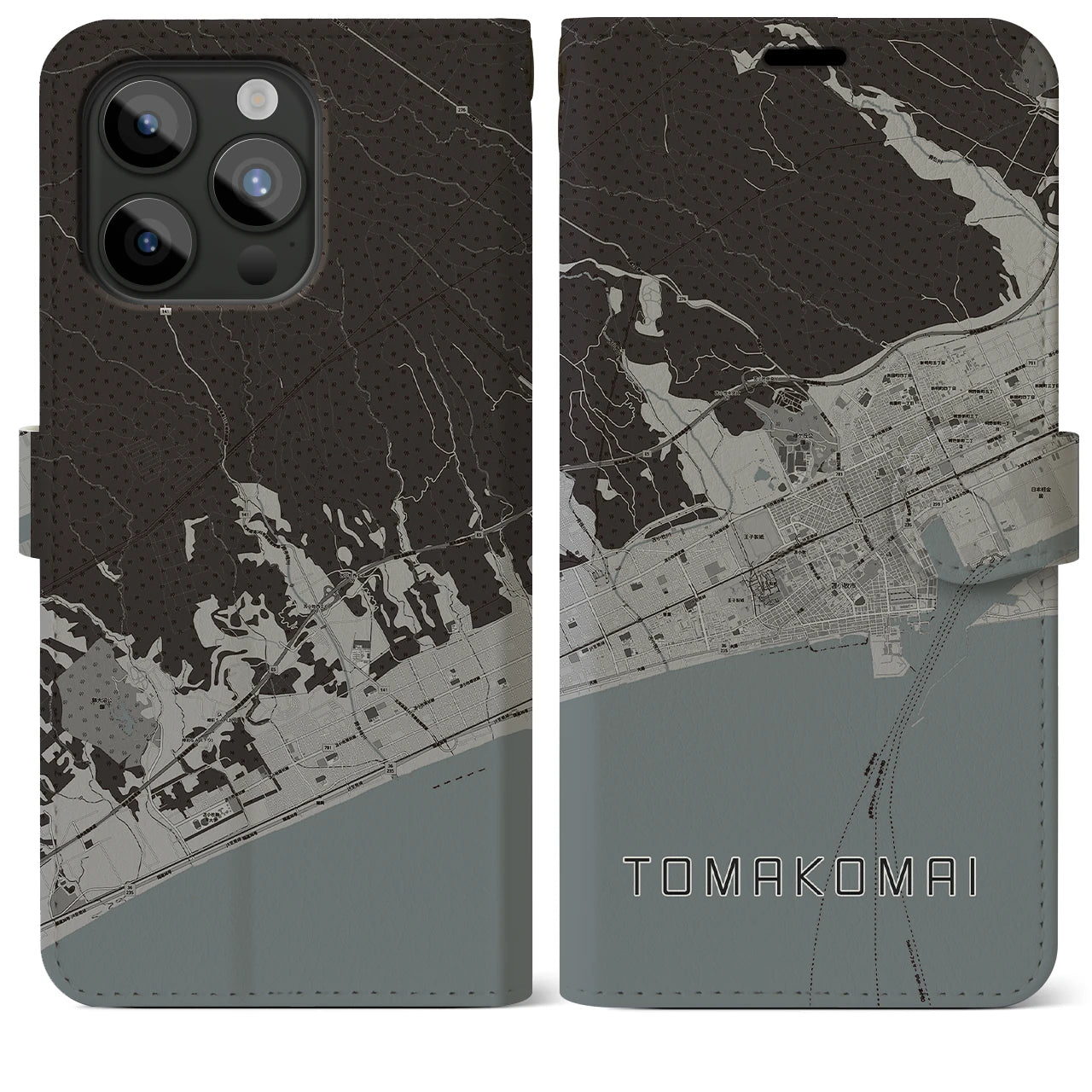 【苫小牧(北海道)】地図柄iPhoneケース(手帳タイプ)モノトーン・iPhone 15 Pro Max 用