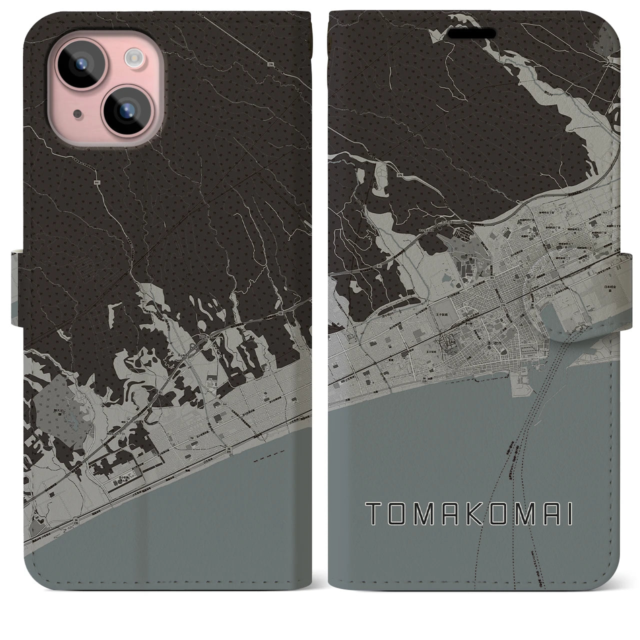 【苫小牧(北海道)】地図柄iPhoneケース(手帳タイプ)モノトーン・iPhone 15 Plus 用