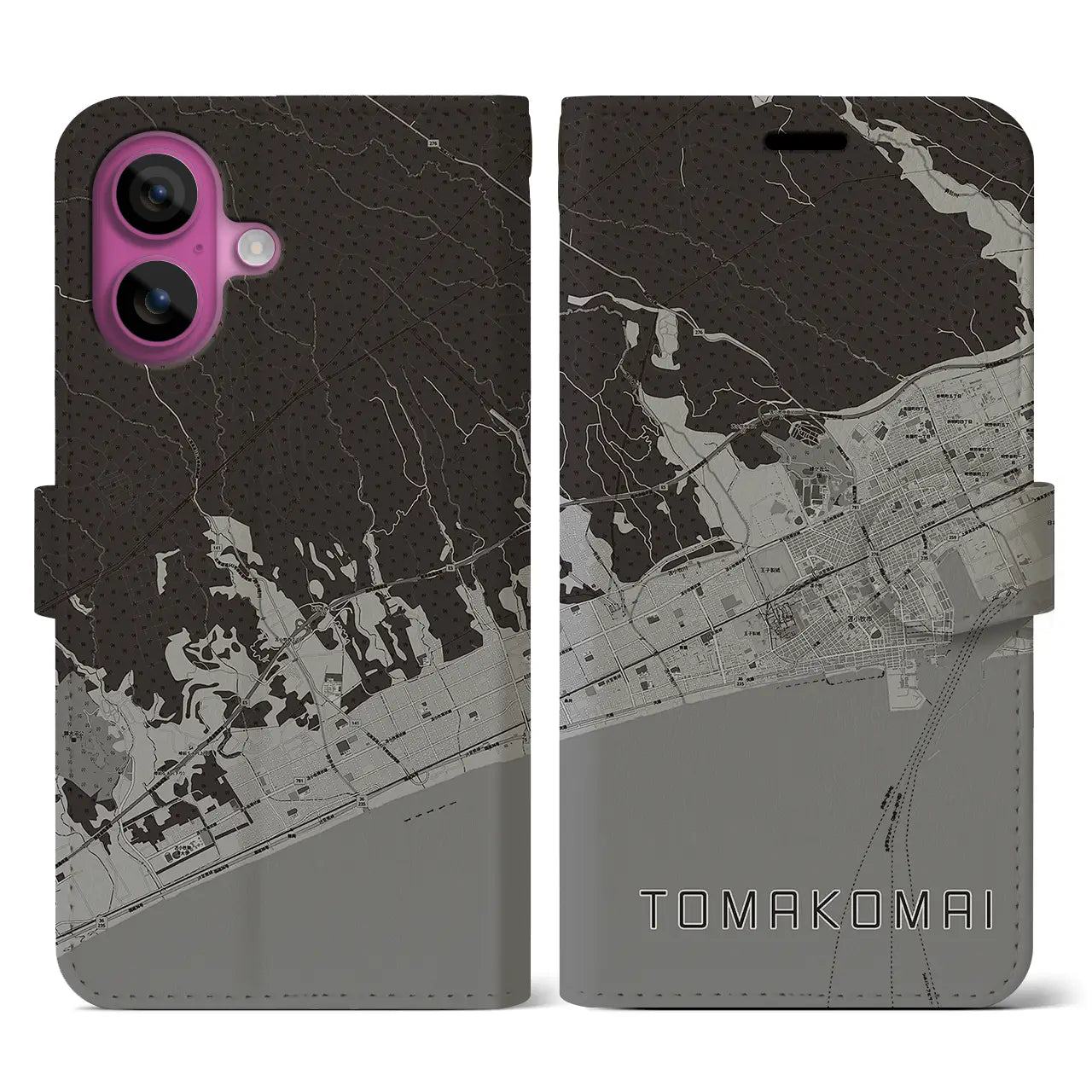 【苫小牧(北海道)】地図柄iPhoneケース(手帳タイプ)モノトーン・iPhone 16 Pro 用