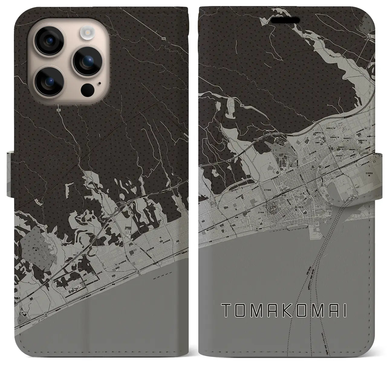 【苫小牧(北海道)】地図柄iPhoneケース(手帳タイプ)モノトーン・iPhone 16 Plus 用