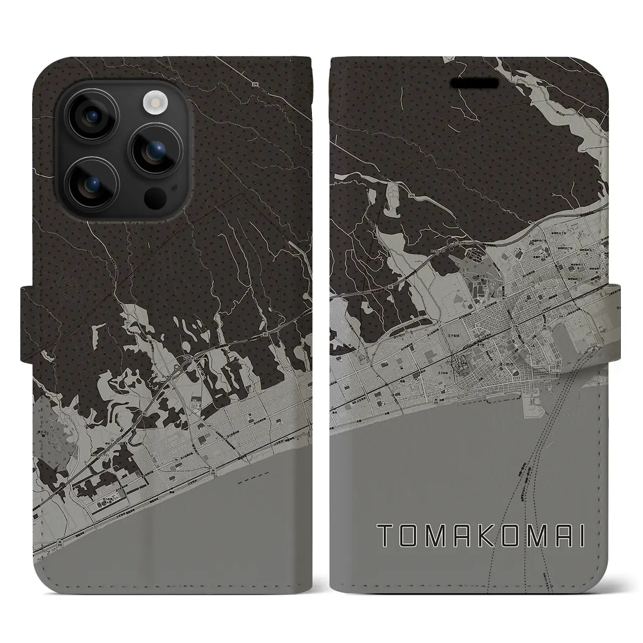 【苫小牧(北海道)】地図柄iPhoneケース(手帳タイプ)モノトーン・iPhone 16 用