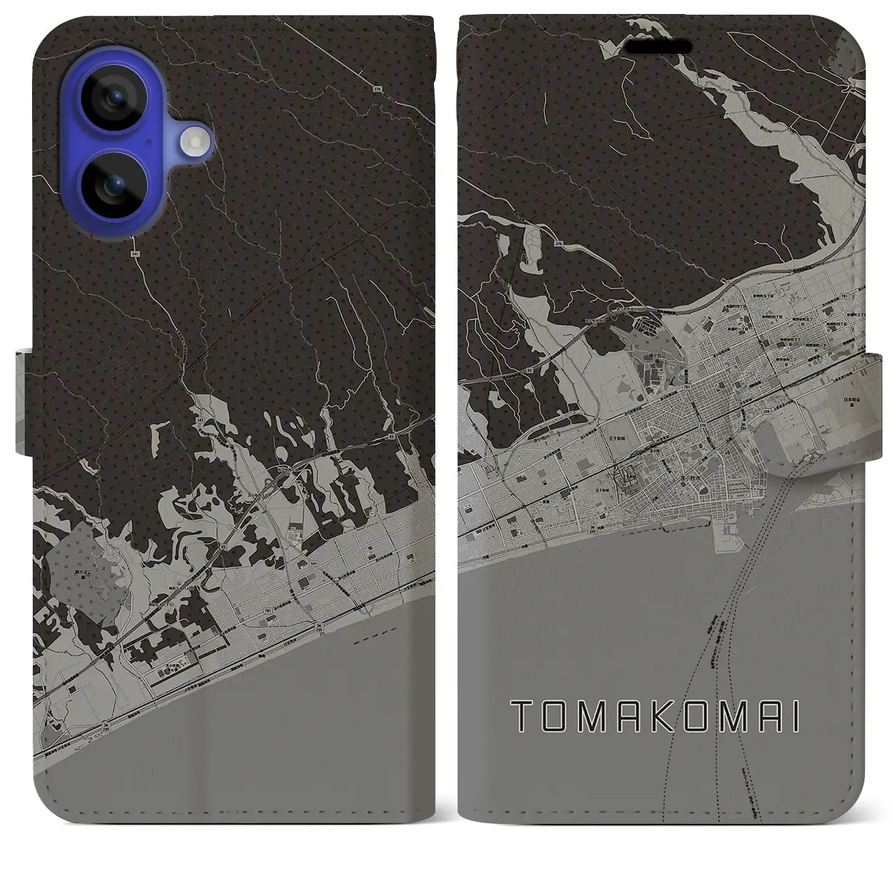 【苫小牧(北海道)】地図柄iPhoneケース(手帳タイプ)モノトーン・iPhone 16 Pro Max 用