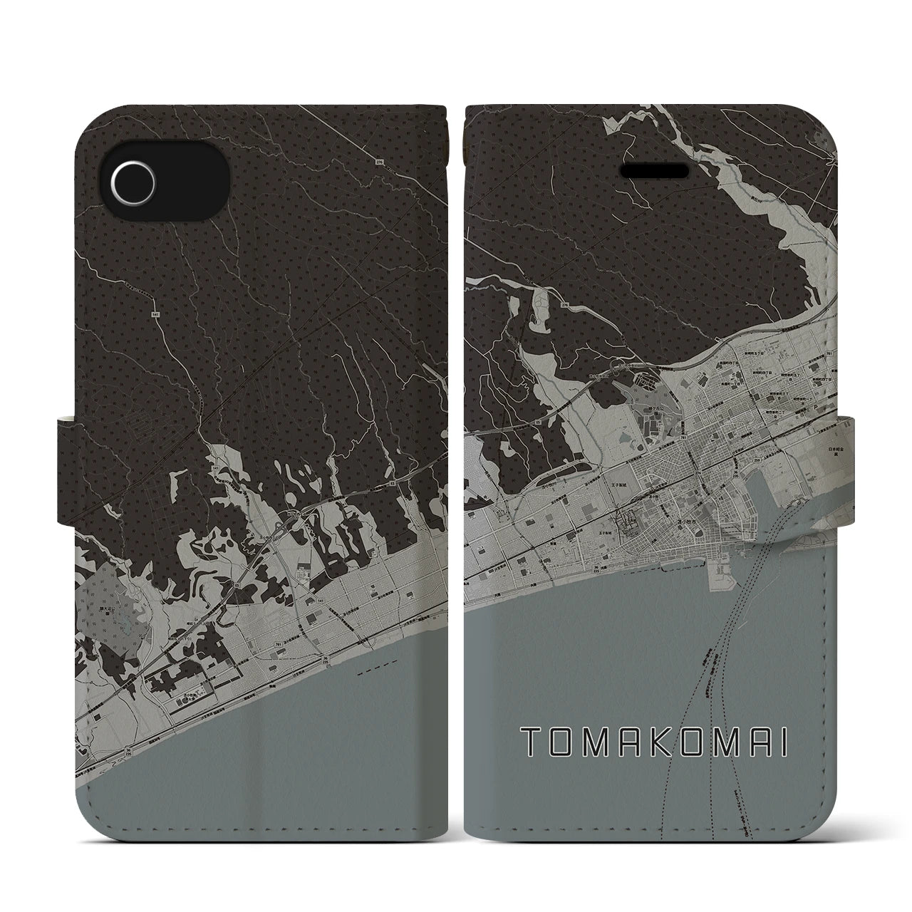 【苫小牧(北海道)】地図柄iPhoneケース(手帳タイプ)モノトーン・iPhone SE(第3 / 第2世代) / 8 / 7 / 6s / 6 用