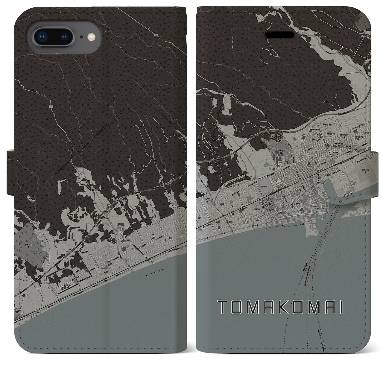 【苫小牧(北海道)】地図柄iPhoneケース(手帳タイプ)モノトーン・iPhone 8Plus /7Plus / 6sPlus / 6Plus 用