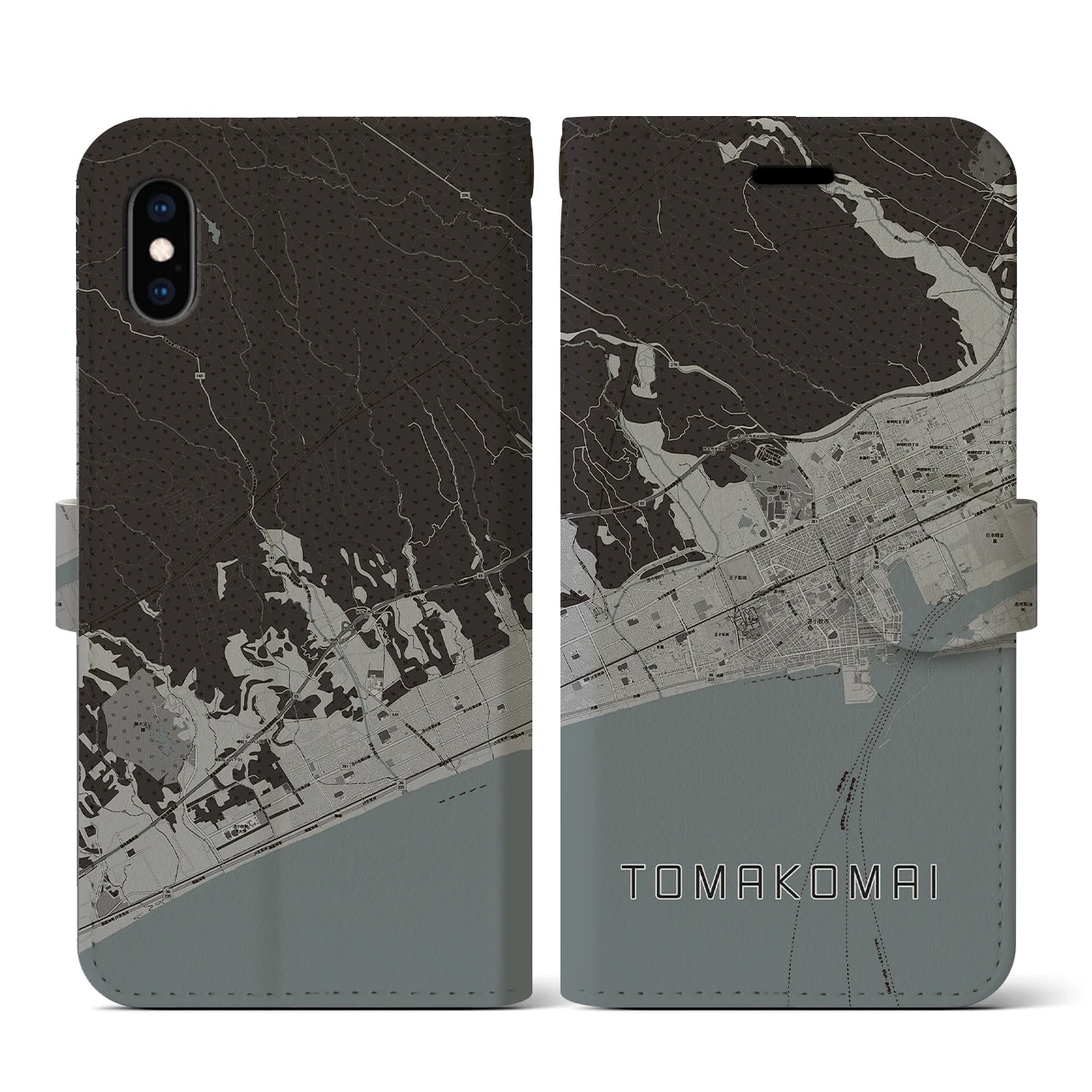 【苫小牧(北海道)】地図柄iPhoneケース(手帳タイプ)モノトーン・iPhone XS / X 用